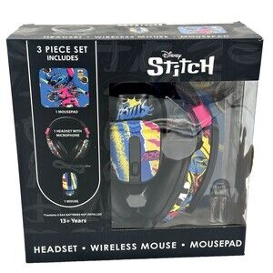 Disney Stitch Headset with Mic + Wireless Mouse & Mouse Pad 3PC Tech Bundle Set